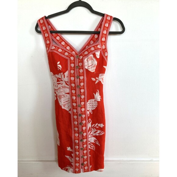 Farm Rio Red White Linen Monsteras Print Mini Button Down Front Dress Sz S NEW - Picture 3 of 9